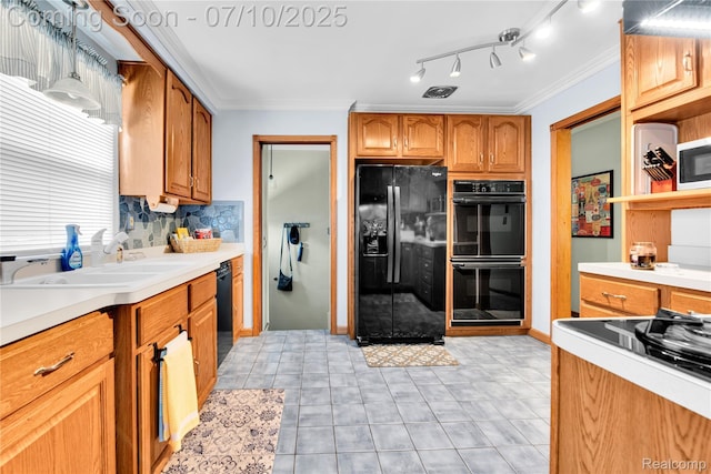 144 1st St, Wyandotte, MI 48192 - kitchen with black appliances, ornamental molding, light countertops, brown cabinets, and open shelves