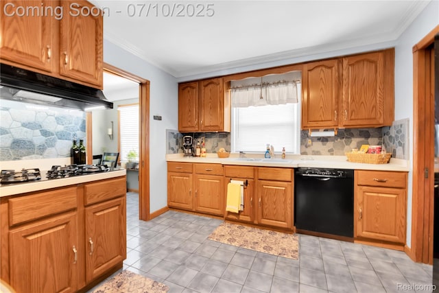 144 1st St, Wyandotte, MI 48192 - kitchen with dishwasher, under cabinet range hood, gas cooktop, crown molding, and tasteful backsplash