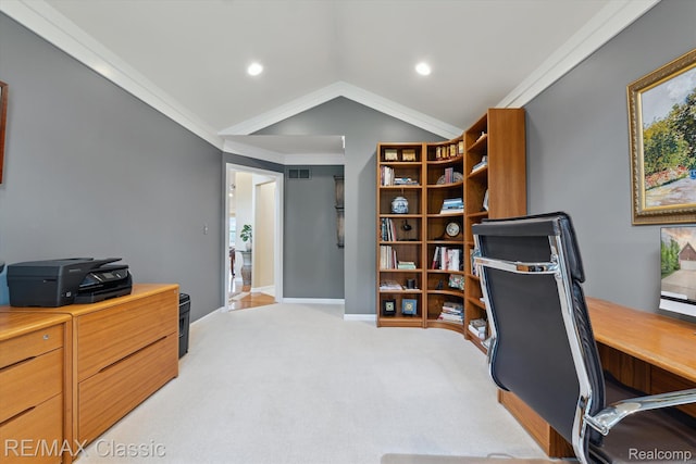 30166 Brightwood Dr Unit 40, Novi, MI 48377 - home office with light colored carpet, vaulted ceiling, recessed lighting, and ornamental molding