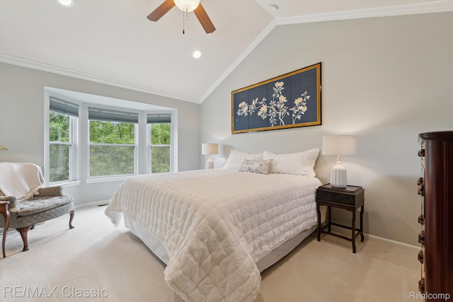 30166 Brightwood Dr Unit 40, Novi, MI 48377 - bedroom featuring carpet, lofted ceiling, ornamental molding, recessed lighting, and a ceiling fan