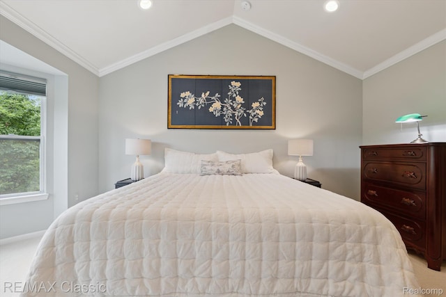 30166 Brightwood Dr Unit 40, Novi, MI 48377 - bedroom featuring carpet flooring, vaulted ceiling, ornamental molding, and recessed lighting