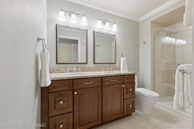 30166 Brightwood Dr Unit 40, Novi, MI 48377 - full bathroom with double vanity, a shower stall, tile patterned flooring, and ornamental molding