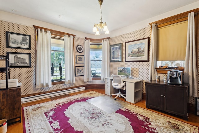 501 E Michigan Ave, Marshall, MI 49068 - office space with a baseboard radiator, light wood-type flooring, a chandelier, and wallpapered walls