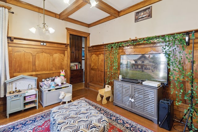 501 E Michigan Ave, Marshall, MI 49068 - living area with coffered ceiling, beam ceiling, a chandelier, and wood finished floors