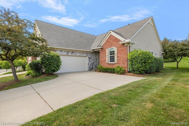 838 Knolls Landing Dr Unit 6, Milford, MI 48381 - traditional-style house with a garage, concrete driveway, a front lawn, a shingled roof, and brick siding