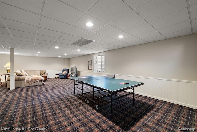 838 Knolls Landing Dr Unit 6, Milford, MI 48381 - playroom with carpet, a wainscoted wall, recessed lighting, and a drop ceiling