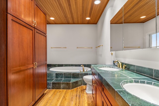 14091 Scio Church Rd, Chelsea, MI 48118 - full bathroom with wood ceiling, a garden tub, wood finished floors, recessed lighting, and double vanity