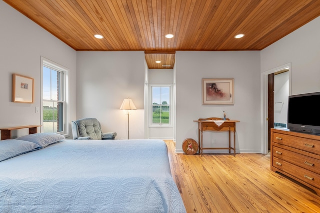14091 Scio Church Rd, Chelsea, MI 48118 - bedroom featuring wooden ceiling, light wood-style floors, multiple windows, recessed lighting, and crown molding