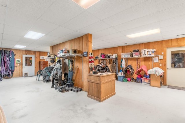 14091 Scio Church Rd, Chelsea, MI 48118 - below grade area with wooden walls and a drop ceiling
