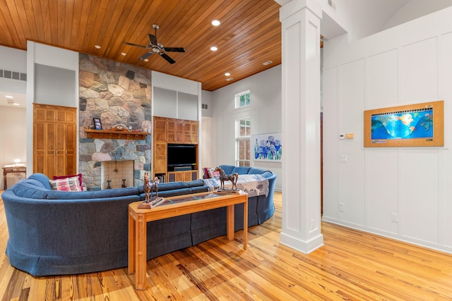 14091 Scio Church Rd, Chelsea, MI 48118 - living room featuring wood ceiling, light wood-type flooring, decorative columns, a ceiling fan, and recessed lighting