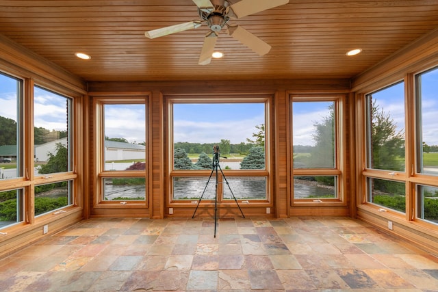 14091 Scio Church Rd, Chelsea, MI 48118 - unfurnished sunroom with wooden ceiling, stone tile floors, plenty of natural light, recessed lighting, and a water view