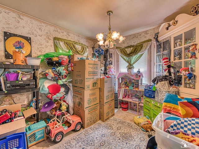 476 Borgess Ave, Monroe, MI 48162 - dining area featuring a chandelier, wallpapered walls, and ornamental molding