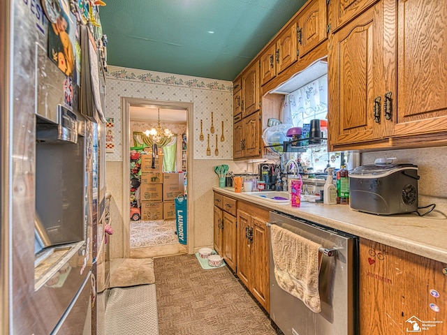 476 Borgess Ave, Monroe, MI 48162 - kitchen featuring wallpapered walls, stainless steel dishwasher, brown cabinetry, light countertops, and a chandelier