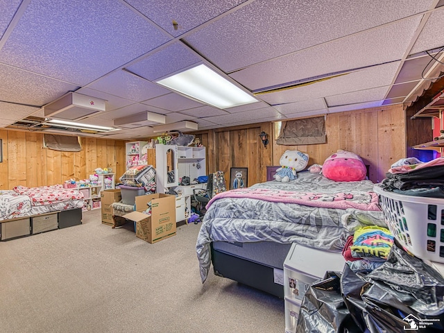 476 Borgess Ave, Monroe, MI 48162 - bedroom with a drop ceiling, wood walls, and carpet