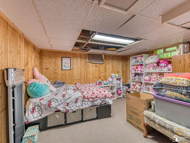 476 Borgess Ave, Monroe, MI 48162 - bedroom featuring carpet flooring, wood walls, and a drop ceiling