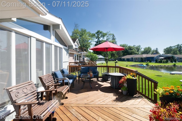 8856 Charbane Ave, White Lake, MI 48386 - wooden deck featuring a water view, a yard, and outdoor lounge area