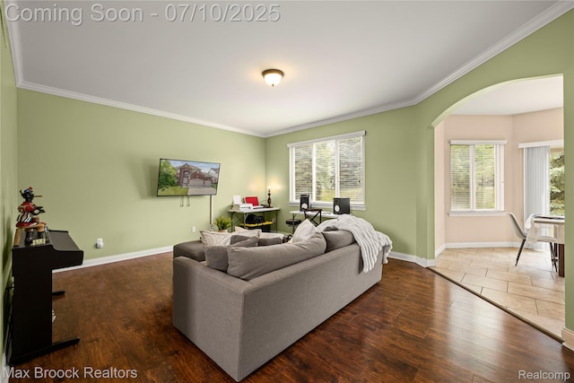 5142 Trailwood Ln, Warren, MI 48092 - living room with wood finished floors, arched walkways, crown molding, and a desk