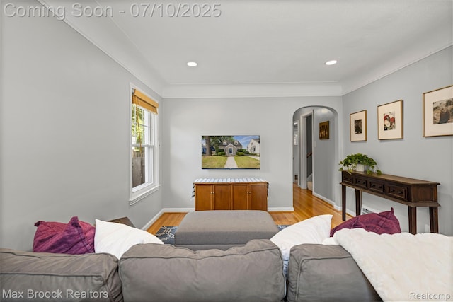 903 Oakridge Ave, Royal Oak, MI 48067 - living area with arched walkways, light wood-type flooring, and recessed lighting