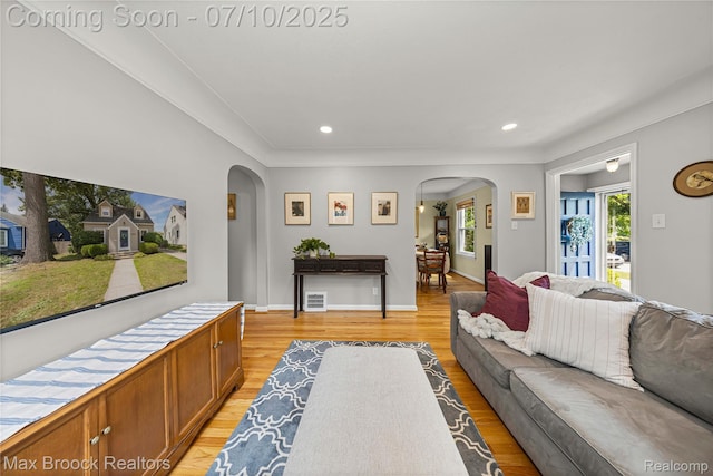 903 Oakridge Ave, Royal Oak, MI 48067 - living area featuring arched walkways, light wood-style flooring, and recessed lighting