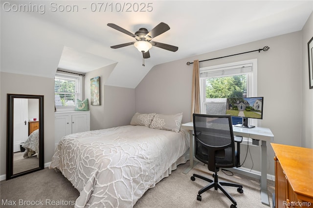 903 Oakridge Ave, Royal Oak, MI 48067 - bedroom featuring light colored carpet, lofted ceiling, a desk, and ceiling fan