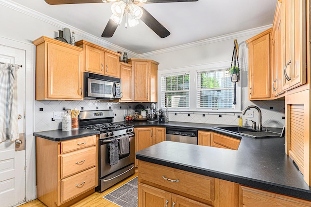 411 Edgemoor Ave, Kalamazoo, MI 49001 - kitchen with stainless steel appliances, a ceiling fan, dark countertops, crown molding, and tasteful backsplash