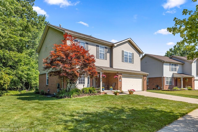 29520 Hunter St, Trenton, MI 48183 - view of front of house with brick siding, an attached garage, driveway, and a front yard