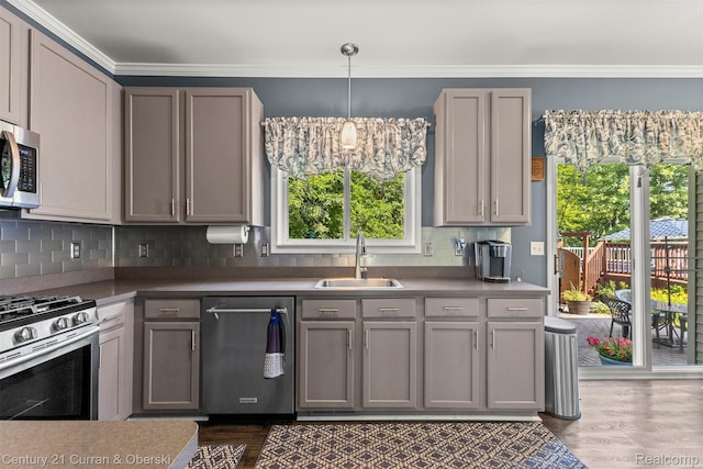 29520 Hunter St, Trenton, MI 48183 - kitchen with appliances with stainless steel finishes, a chandelier, dark wood finished floors, decorative backsplash, and crown molding