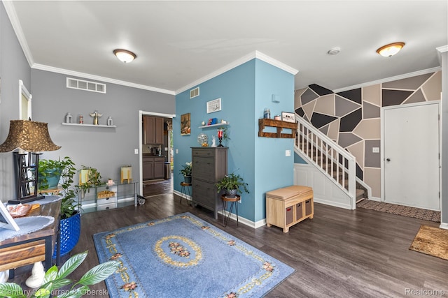 29520 Hunter St, Trenton, MI 48183 - living area with stairs, wood finished floors, and ornamental molding