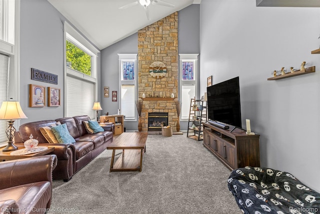 29520 Hunter St, Trenton, MI 48183 - carpeted living area featuring a ceiling fan, high vaulted ceiling, and a fireplace