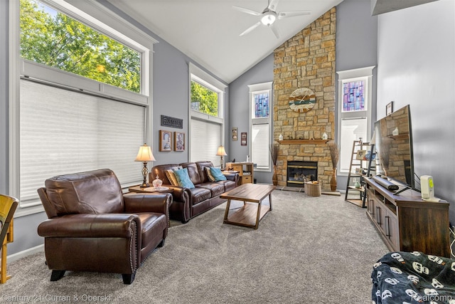 29520 Hunter St, Trenton, MI 48183 - living area with carpet, high vaulted ceiling, a ceiling fan, and a stone fireplace