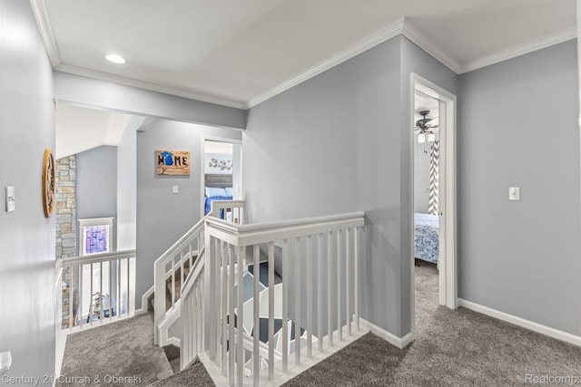 29520 Hunter St, Trenton, MI 48183 - corridor with an upstairs landing, carpet floors, crown molding, and recessed lighting