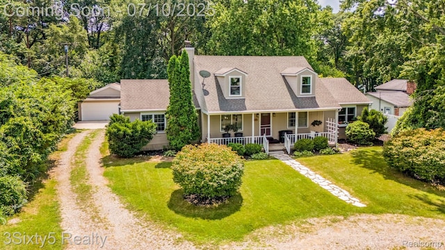 4375 Island Park Dr, Waterford, MI 48329 - cape cod house with a porch, a front lawn, a detached garage, a chimney, and a shingled roof