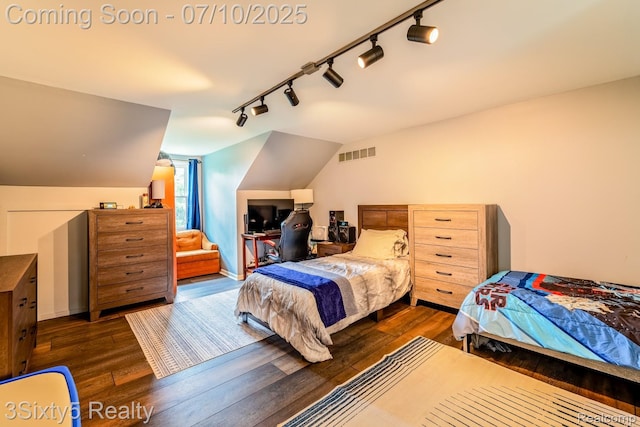4375 Island Park Dr, Waterford, MI 48329 - bedroom featuring rail lighting, dark wood-style flooring, and vaulted ceiling