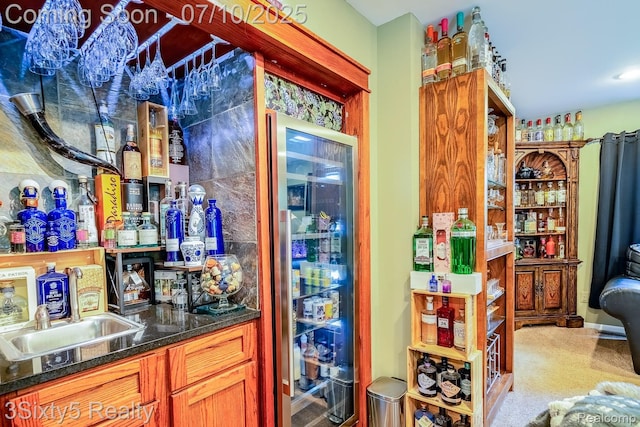 4375 Island Park Dr, Waterford, MI 48329 - indoor wet bar featuring fridge and carpet