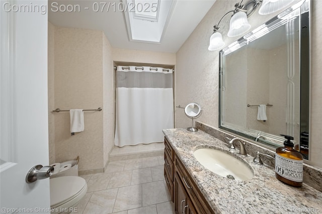 14125 Bangor Dr, Sterling Heights, MI 48313 - full bath with a skylight, vanity, a shower with curtain, tile patterned floors, and a textured wall