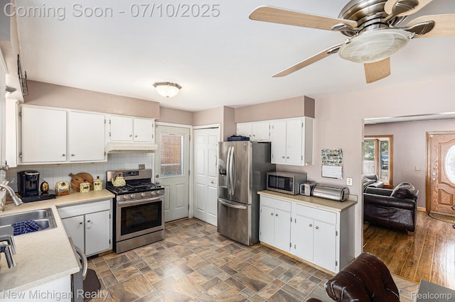 41173 Cimarron St, Clinton Township, MI 48038 - kitchen featuring stainless steel appliances, light countertops, under cabinet range hood, white cabinetry, and a ceiling fan