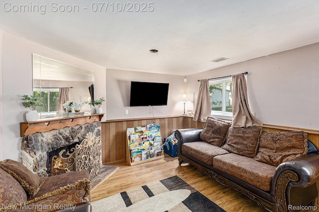 41173 Cimarron St, Clinton Township, MI 48038 - living area featuring wainscoting, healthy amount of natural light, wood finished floors, wood walls, and a high end fireplace