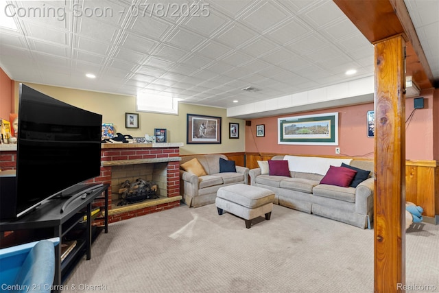 8960 Niver Ave, Allen Park, MI 48101 - carpeted living area featuring recessed lighting, an ornate ceiling, a wainscoted wall, and a fireplace