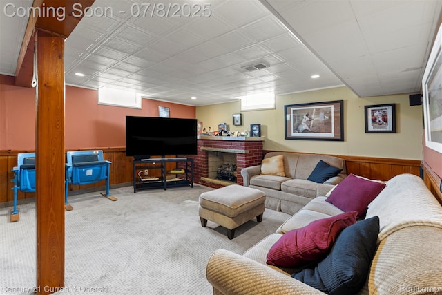 8960 Niver Ave, Allen Park, MI 48101 - living room with carpet floors, wainscoting, wooden walls, and recessed lighting