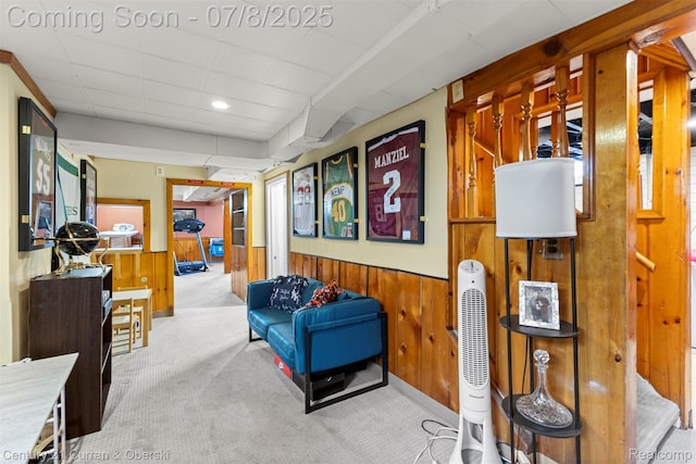 8960 Niver Ave, Allen Park, MI 48101 - living area with carpet flooring, wainscoting, wooden walls, and recessed lighting