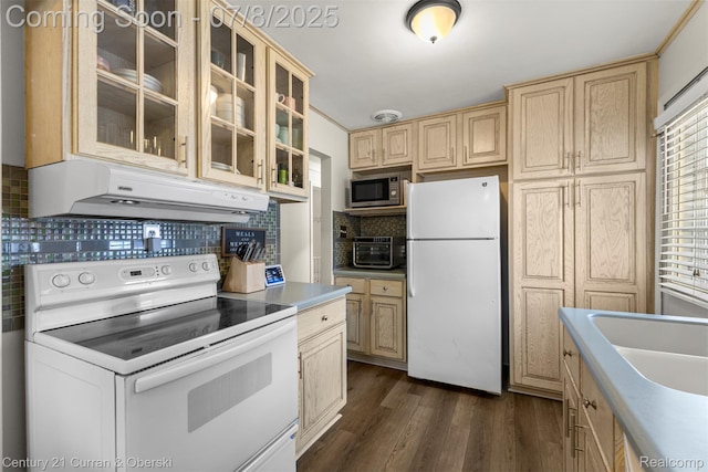 8960 Niver Ave, Allen Park, MI 48101 - kitchen with white appliances, under cabinet range hood, light brown cabinetry, dark wood-style floors, and decorative backsplash