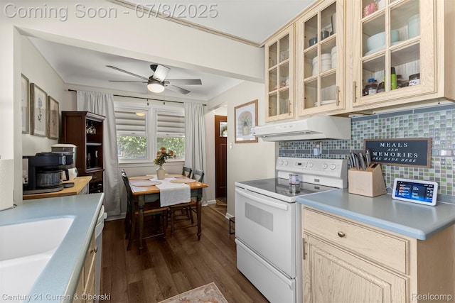 8960 Niver Ave, Allen Park, MI 48101 - kitchen with white range with electric stovetop, under cabinet range hood, backsplash, dark wood-type flooring, and ceiling fan
