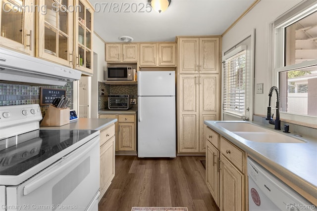 8960 Niver Ave, Allen Park, MI 48101 - kitchen with white appliances, under cabinet range hood, dark wood finished floors, tasteful backsplash, and glass insert cabinets