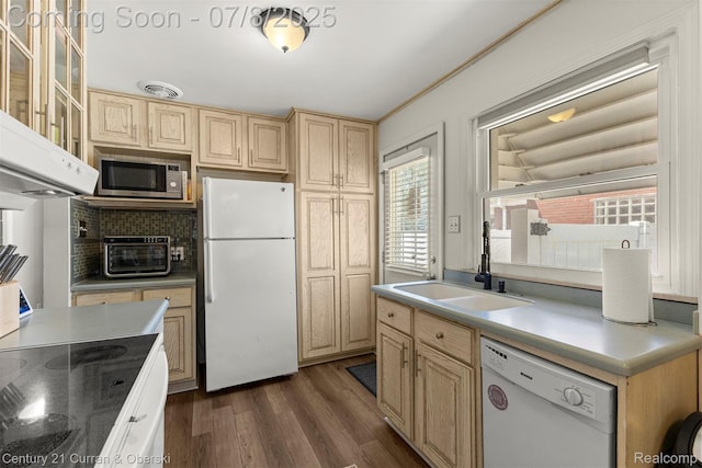 8960 Niver Ave, Allen Park, MI 48101 - kitchen featuring white appliances, dark wood-style floors, decorative backsplash, glass insert cabinets, and light brown cabinets