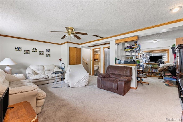 22031 Birch St, Woodhaven, MI 48183 - carpeted living room featuring crown molding, a ceiling fan, and a textured ceiling