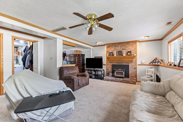 22031 Birch St, Woodhaven, MI 48183 - carpeted living area with crown molding, ceiling fan, and a textured ceiling