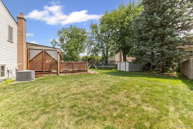 22031 Birch St, Woodhaven, MI 48183 - fenced backyard featuring a storage unit and a trampoline