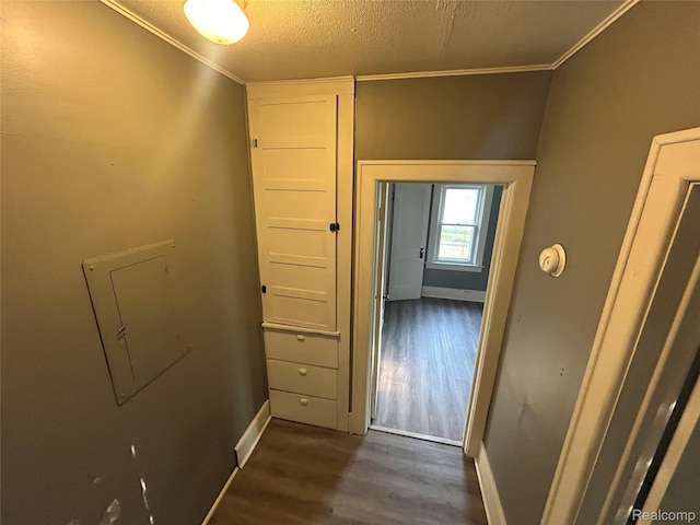 7 E Noble Ave, Monroe, MI 48162 - hallway with crown molding, wood finished floors, a textured ceiling, and electric panel