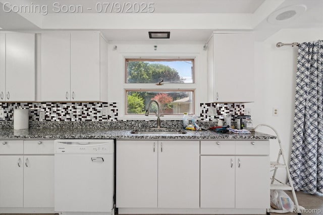 30590 Lorraine Ave, Warren, MI 48093 - kitchen featuring white dishwasher, dark stone countertops, white cabinets, and backsplash