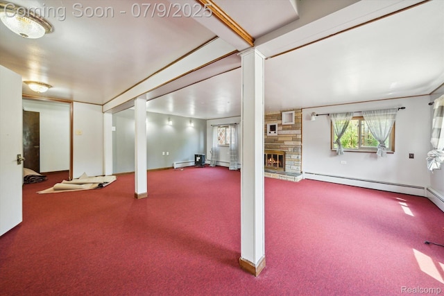 30590 Lorraine Ave, Warren, MI 48093 - below grade area with a stone fireplace, carpet, and baseboard heating